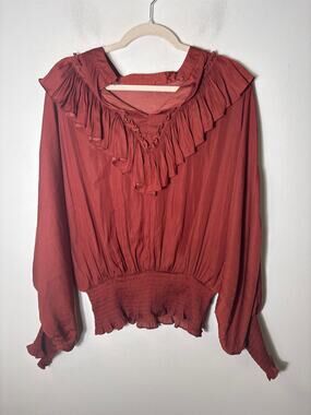 Glam Ox Blood Long Sleeve Ruffle Smocked Waist and Cuff Sz L